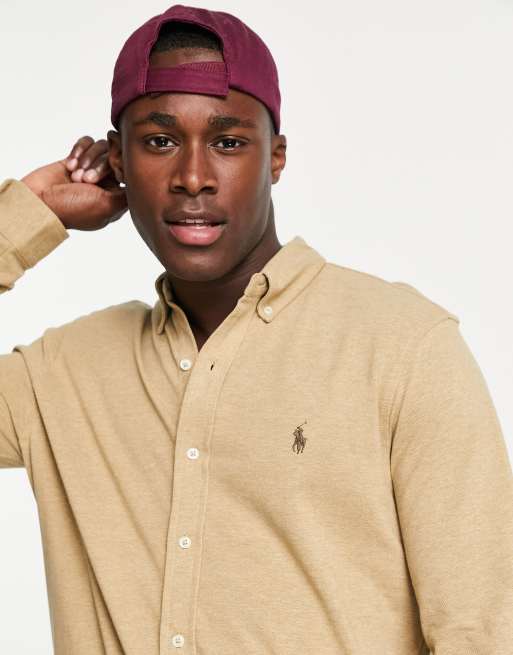 Polo Ralph Lauren player logo slim fit pique shirt button down in tan marl  | ASOS