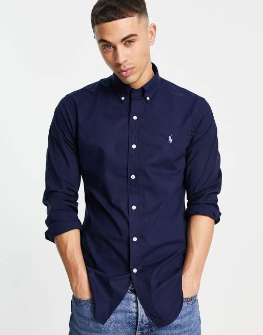 Polo Ralph Lauren player logo slim fit poplin shirt button-down in navy ...