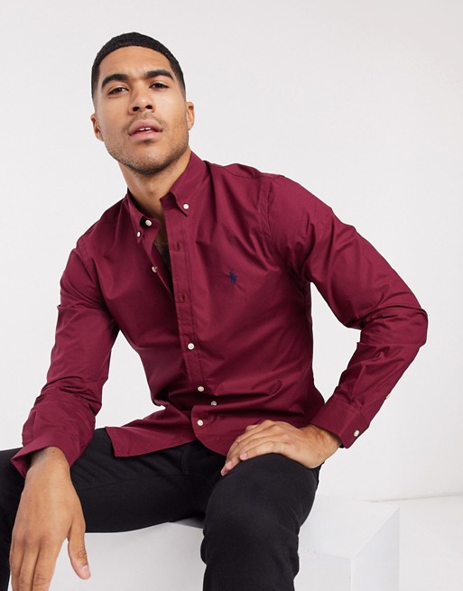 Polo Ralph Lauren player logo slim fit poplin shirt buttondown in burgundy