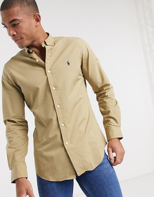 Polo Ralph Lauren player logo slim fit poplin shirt buttondown in tan