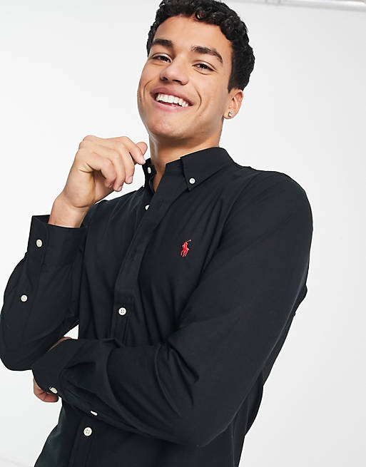 Polo Ralph Lauren player logo slim fit poplin shirt in black | ASOS