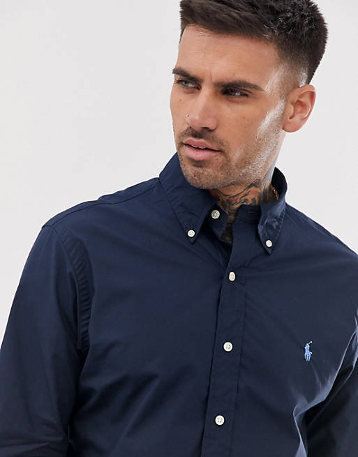 Polo Ralph Lauren player logo slim fit poplin shirt in navy