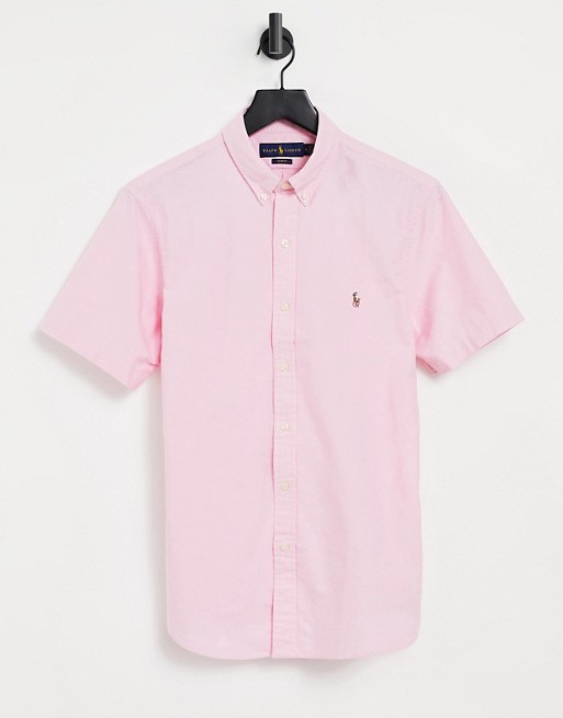 Polo Ralph Lauren player logo short sleeve oxford shirt button down slim fit in pink
