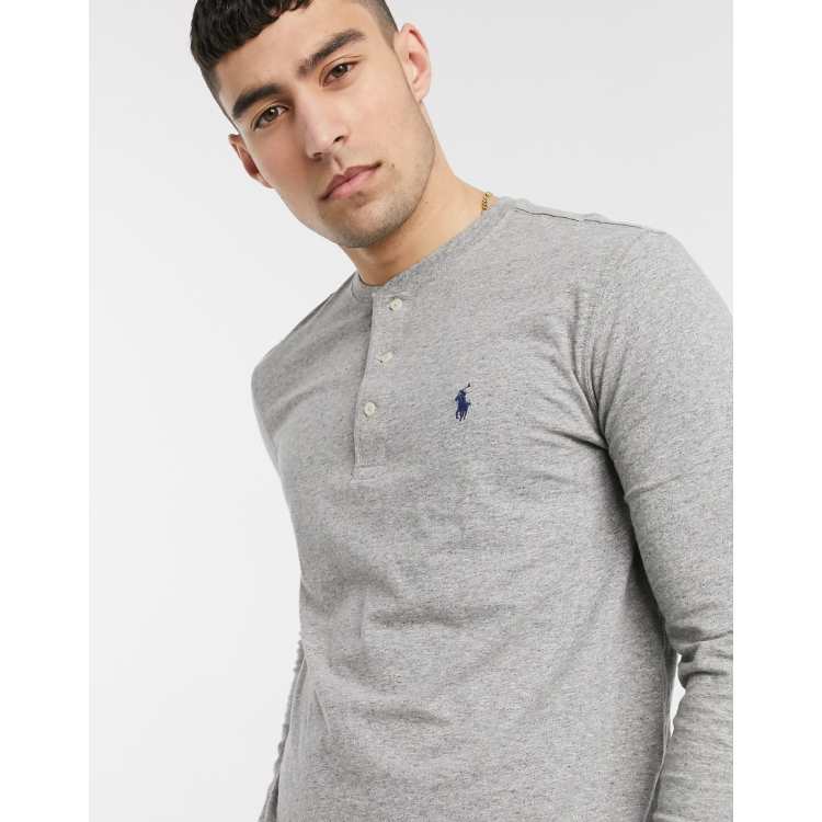 Polo Ralph Lauren player logo slub long sleeve henley top in gray marl