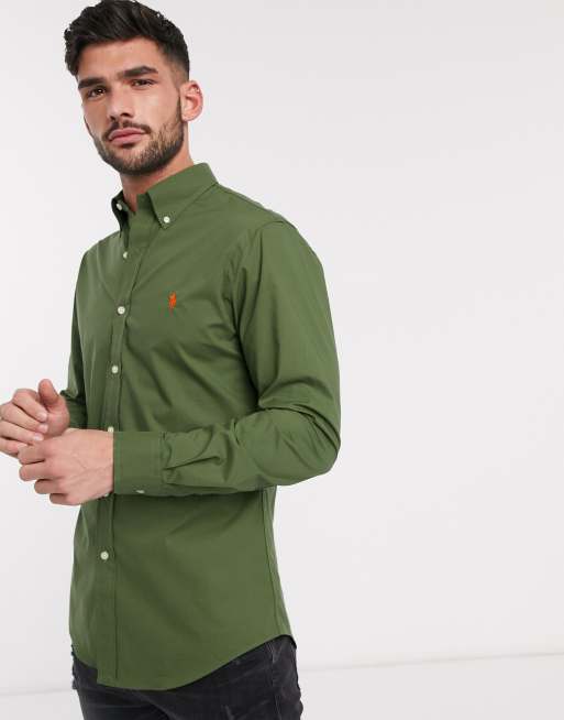 Polo Ralph Lauren player logo stretch poplin shirt slim fit button down in  supply olive