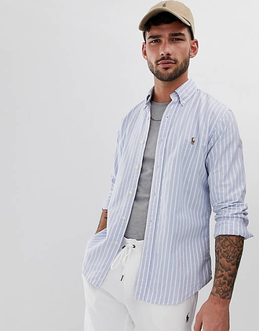 Polo Ralph Lauren player logo stripe oxford button down shirt slim fit in  blue