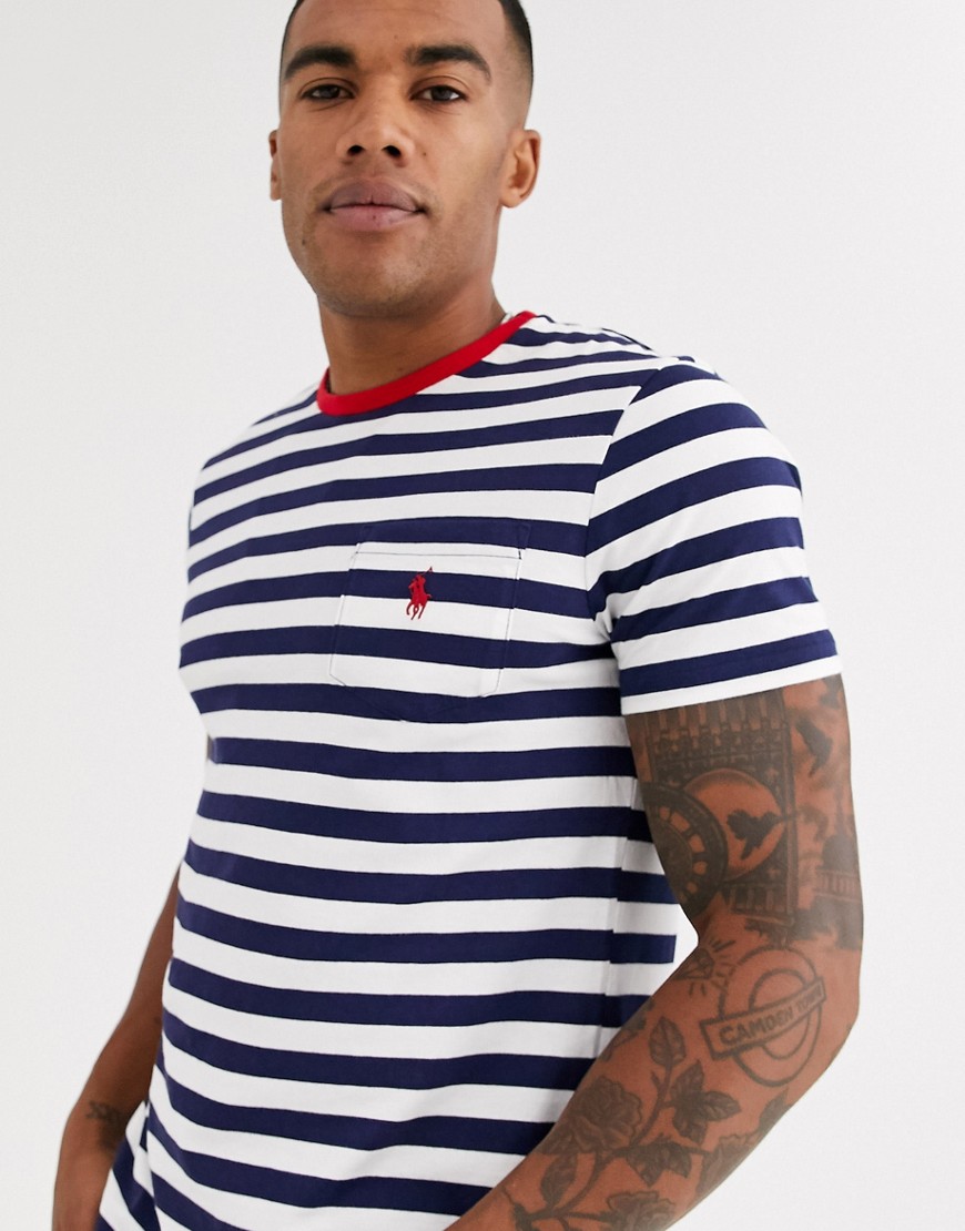 Polo Ralph Lauren player logo stripe pocket t-shirt contrast neck in navy/white