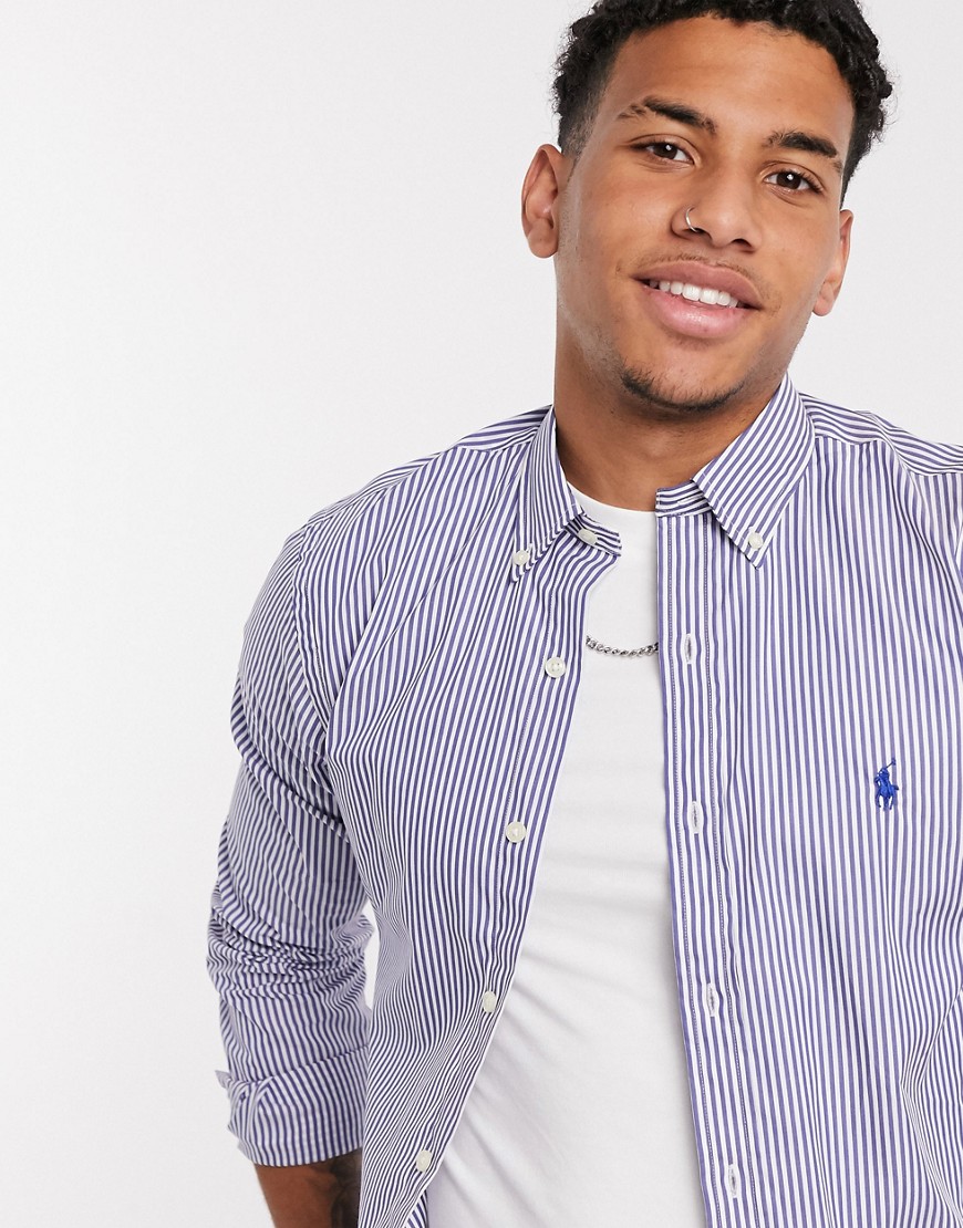 Polo Ralph Lauren player logo stripe poplin shirt slim fit buttondown in navy/white