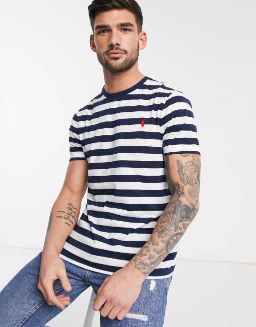 Polo Ralph Lauren player logo stripe t-shirt custom slim in french navy &  white | ASOS