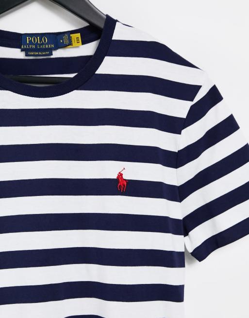 Polo Ralph Lauren player logo stripe t shirt in white french navy