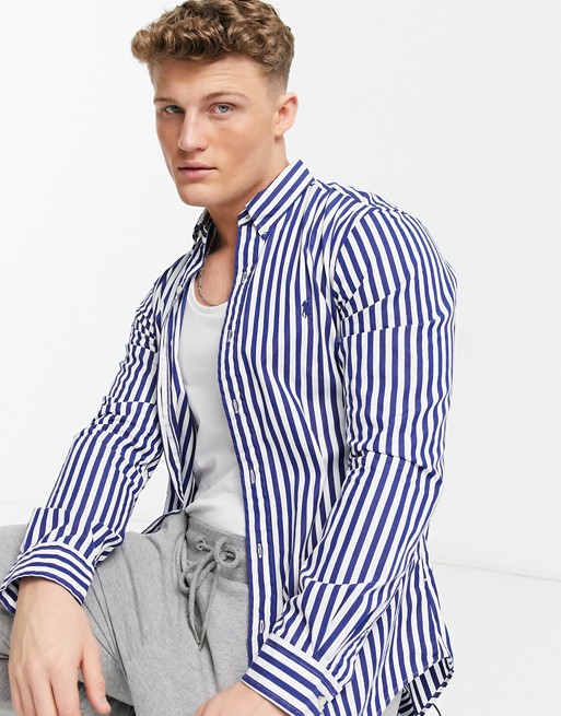 Polo Ralph Lauren player logo sueded 80's poplin stripe shirt slim fit button down in navy/white