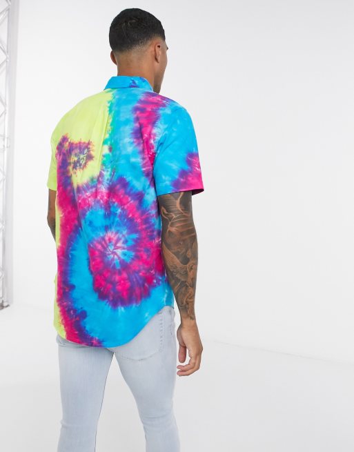 Polo Ralph Lauren player logo tie dye short sleeve oxford shirt custom  regular fit buttondown in navy multi | ASOS