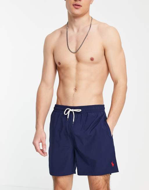 Polo Ralph Lauren Traveler Player Logo Seersucker Stripe Swim Shorts In  Blue