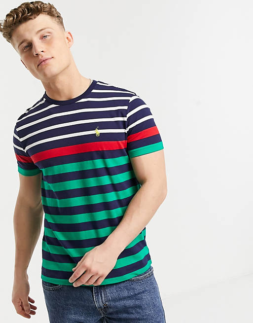 Polo Ralph Lauren player logo varied yarn dyed stripe t-shirt in french  navy multi