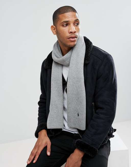 Polo Ralph Lauren Player Ribbed Scarf Merino Wool in Light Grey Marl | ASOS