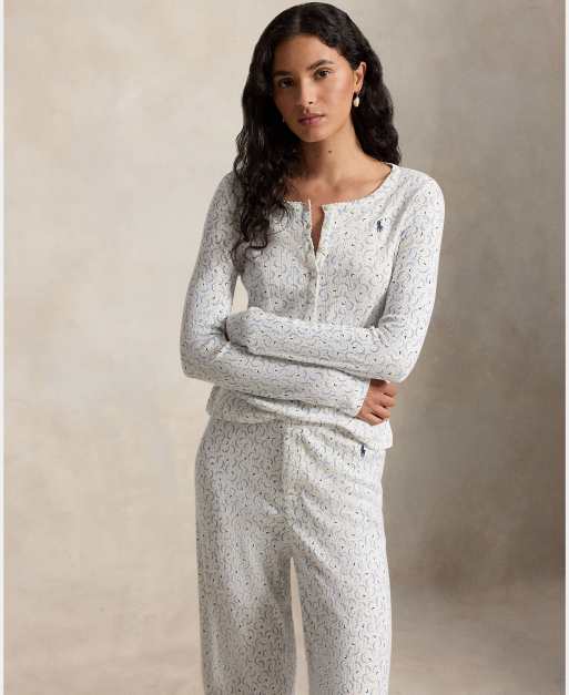 Polo Ralph Lauren Pointelle henley pyjama set in cream, 2 of 4