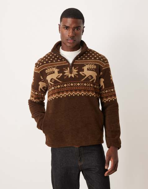 Polo Ralph Lauren – Polarfleece-Sweatshirt in Braun mit kurzem Reißverschluss und Norwegermuster - view 1