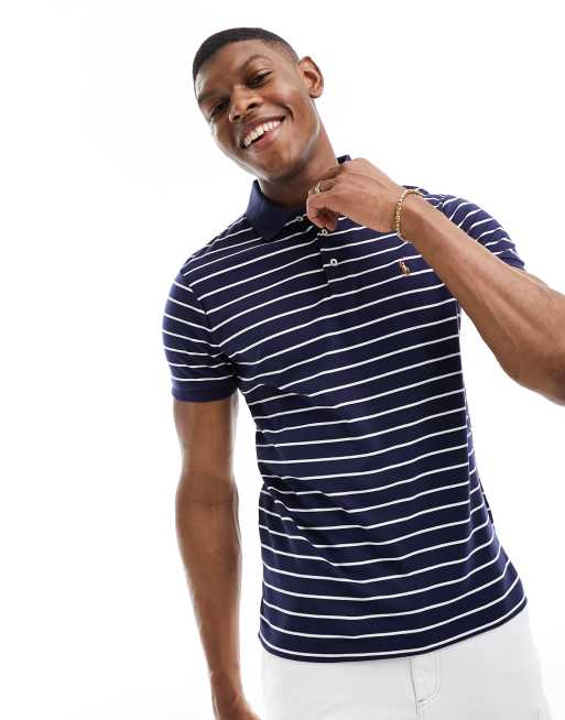 Polo Ralph Lauren Polo ajuste en coton pima raye avec logo emblematique Bleu marine blanc ASOS