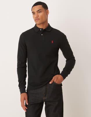 Polo Ralph Lauren - Polo ajusté en piqué à manches longues avec logo emblématique - Noir