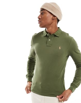 Polo Ralph Lauren icon logo slim fit long sleeve pique polo in sage green - ASOS Price Checker