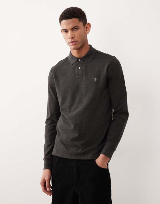 Polo Ralph Lauren - Polo ajusté en piqué à manches longues et logo emblématique - Anthracite chiné