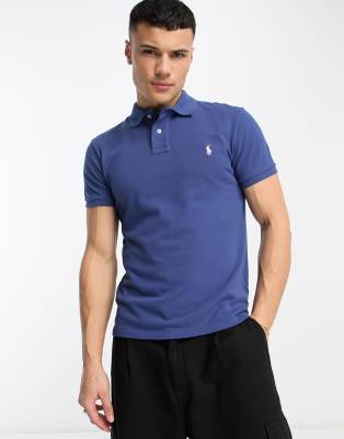 Polo Ralph Lauren icon logo slim fit pique polo in mid blue - ASOS Price Checker