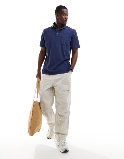 Polo Ralph Lauren - Polo classica oversize in lino e cotone blu navy con tasca