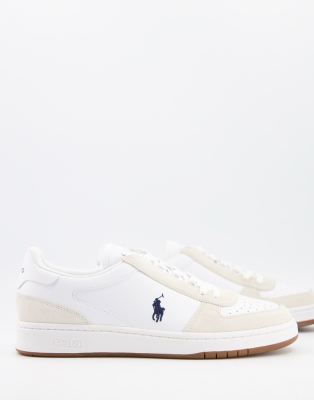 Polo Ralph Lauren Polo Court Suede Mix Sneakers In White With Navy Pony Logo In White
