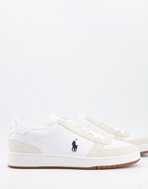 Polo Ralph Lauren polo court suede mix trainer in white with navy pony logo