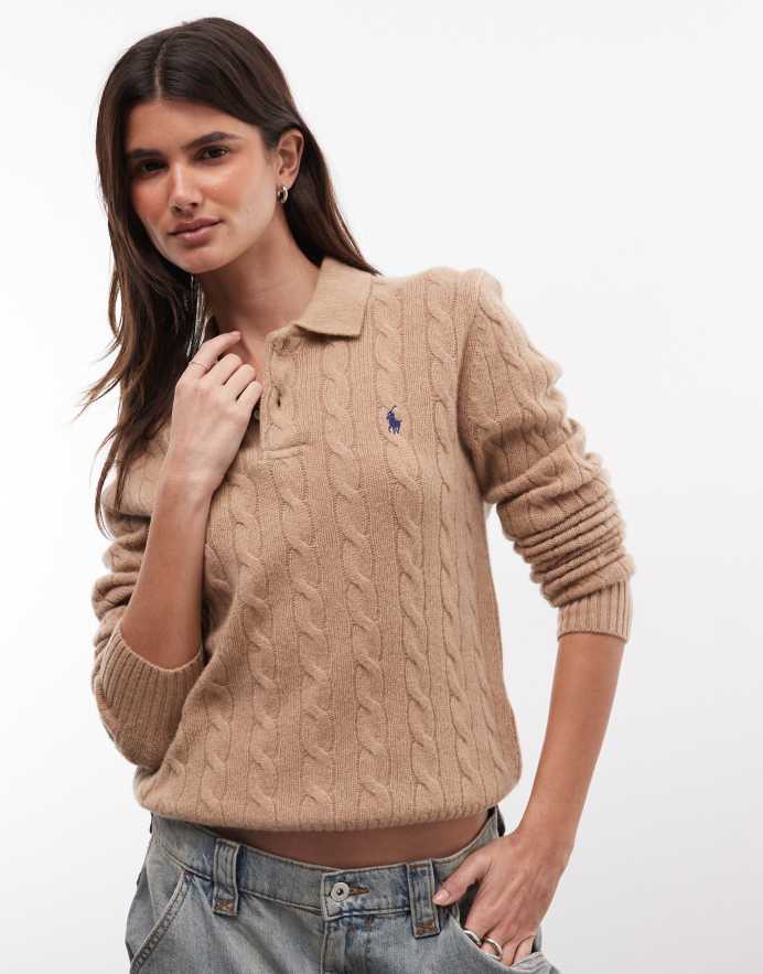 Polo Ralph Lauren polo de punto de ochos de algodón con logo icon en camel tostado