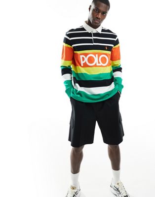 Polo Ralph Lauren logo front multi stripe oversized rugby polo in orange - ASOS Price Checker