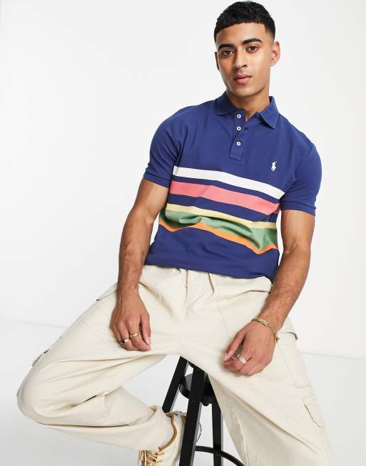 Polo Ralph Lauren - Polo in piqué a righe multicolore con logo sul petto, colore blu navy