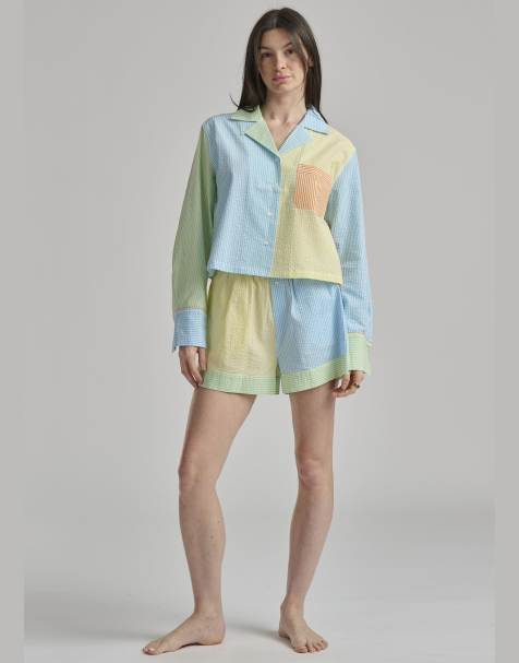 Polo Ralph Lauren Polo ralph lauren seersucker long sleeve crop top and short sleep set in multicolour in multicolour - view 1