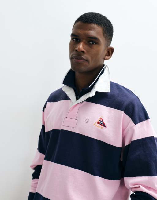 Polo Ralph Lauren polo rugby oversize con logo a bandiera e righe a blocchi navy e rosa, 2 di 5