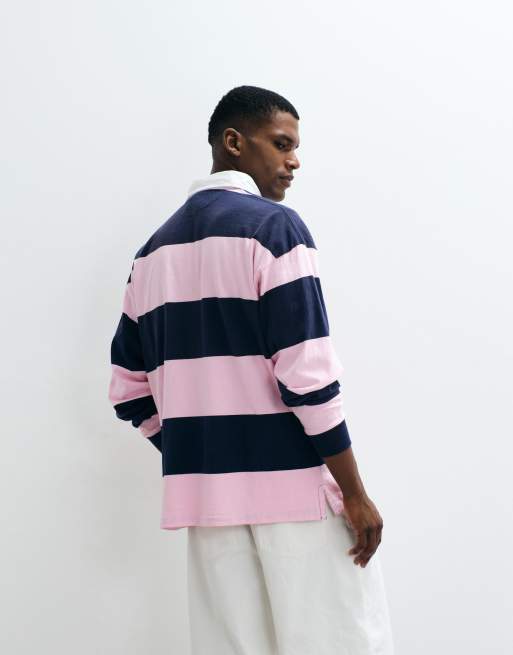 Polo Ralph Lauren polo rugby oversize con logo a bandiera e righe a blocchi navy e rosa, 3 di 5