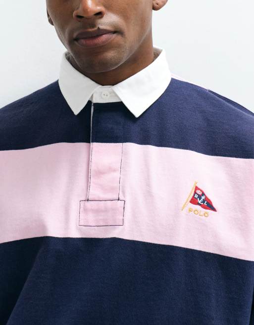 Polo Ralph Lauren polo rugby oversize con logo a bandiera e righe a blocchi navy e rosa, 4 di 5