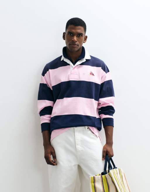 Polo Ralph Lauren polo rugby oversize con logo a bandiera e righe a blocchi navy e rosa, 5 di 5