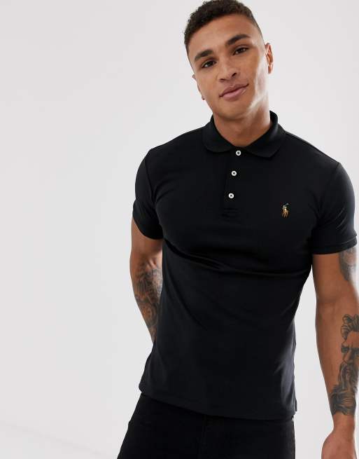 Polo Ralph Lauren Polo slim nera in cotone Pima con logo multicolore a giocatore di polo ASOS