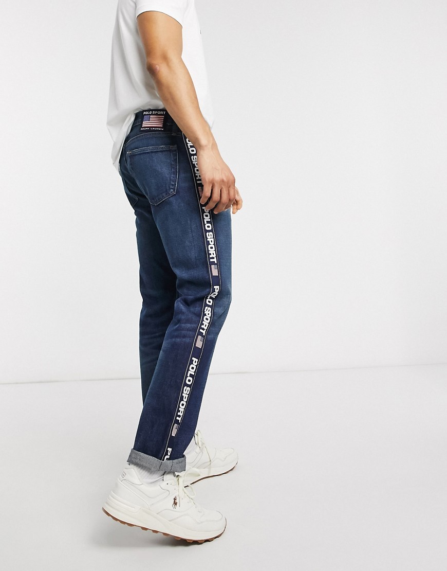 Polo Ralph Lauren –Polo Sport Capsule Varick – Mörktvättade straight jeans med tejpad logga-Marinblå