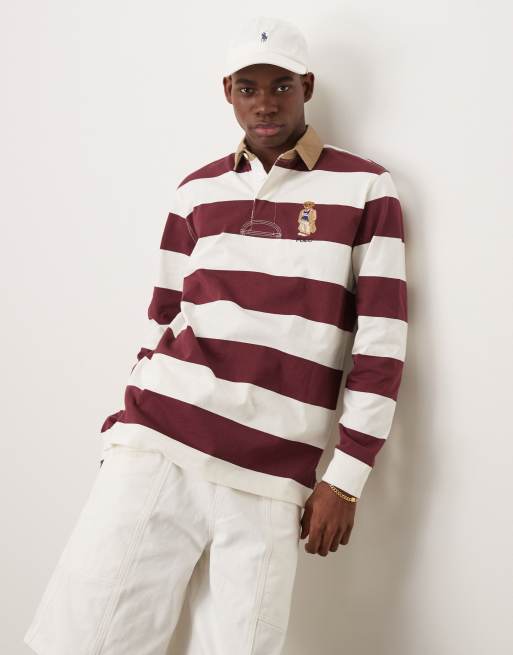 Polo Ralph Lauren - Polo stile rugby color bordeaux e bianco a righe con logo a orsetto heritage