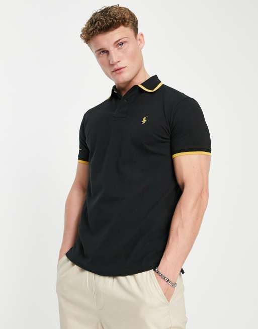 Polo Ralph Lauren - Polo vestibilità classica in piqué nero con profili a contrasto e logo color oro