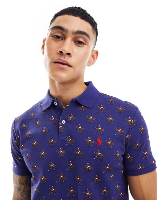 Polo Ralph Lauren – Polohemd aus Pikee in Marineblau mit durchgehendem Player-Print