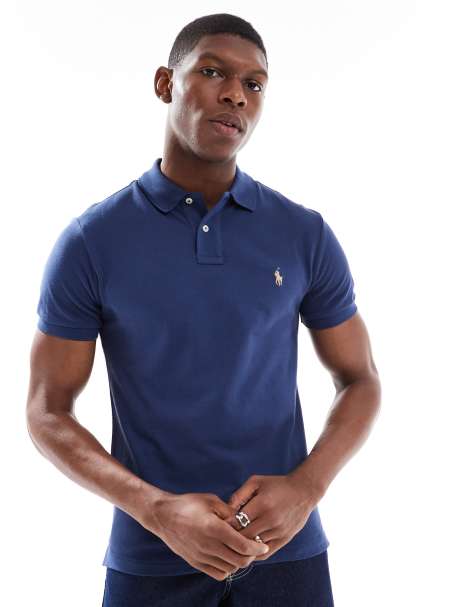 Polo Ralph Lauren – Polohemd aus Pikee in Marineblau mit schmalem Schnitt und Markenlogo - view 1
