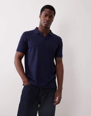 Polo - Polohemd aus Pima-Baumwolle in Marineblau mit schmalem Schnitt, Markenlogo und Johnny-Kragen Marineblau L