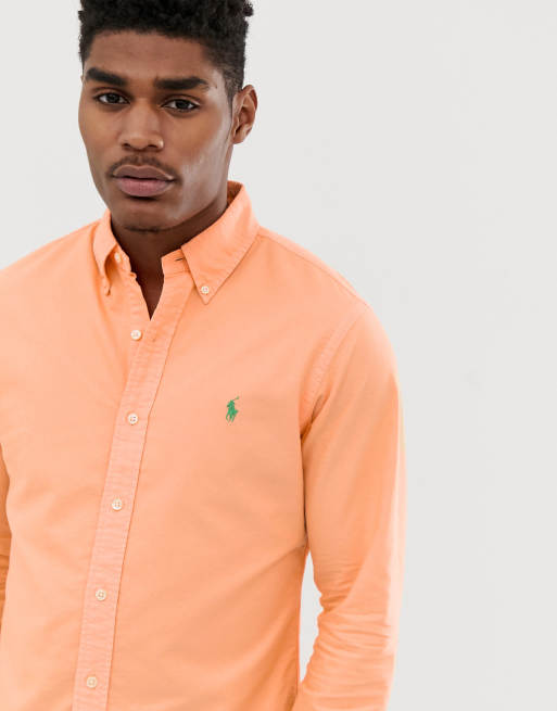 Polo Ralph Lauren – Pomarańczowa dopasowana farbowana koszula oxford na guziki z logo gracza