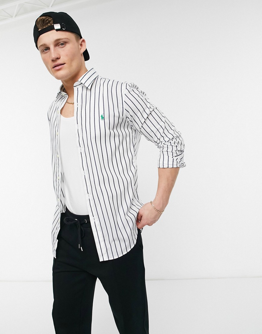 Polo Ralph Lauren poplin player logo wide stripe shirt button down slim fit in navy/white
