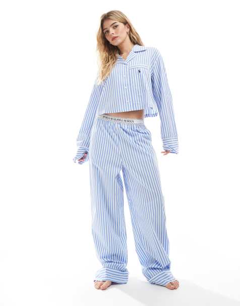 Polo Ralph Lauren poplin pyjama bottoms with elasticated logo waistband in blue stripe - LBLUE - view 1