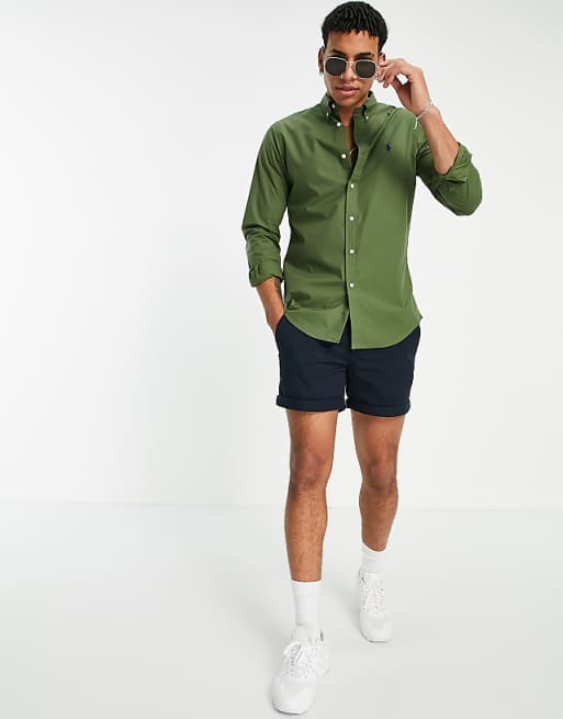 Polo Ralph Lauren poplin shirt slim fit player logo in olive green Polo Ralph Lauren poplin shirt slim fit player logo in olive green
