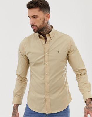 Polo Ralph Lauren – Poplin-skjorte med smal pasform og nedknappet krave i gyldenbrun-Tan