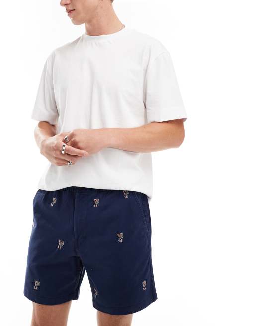 Polo Ralph Lauren - Prepster - Chinoshort van keperstof met platte voorkant en retro sportlogoprint in marineblauw